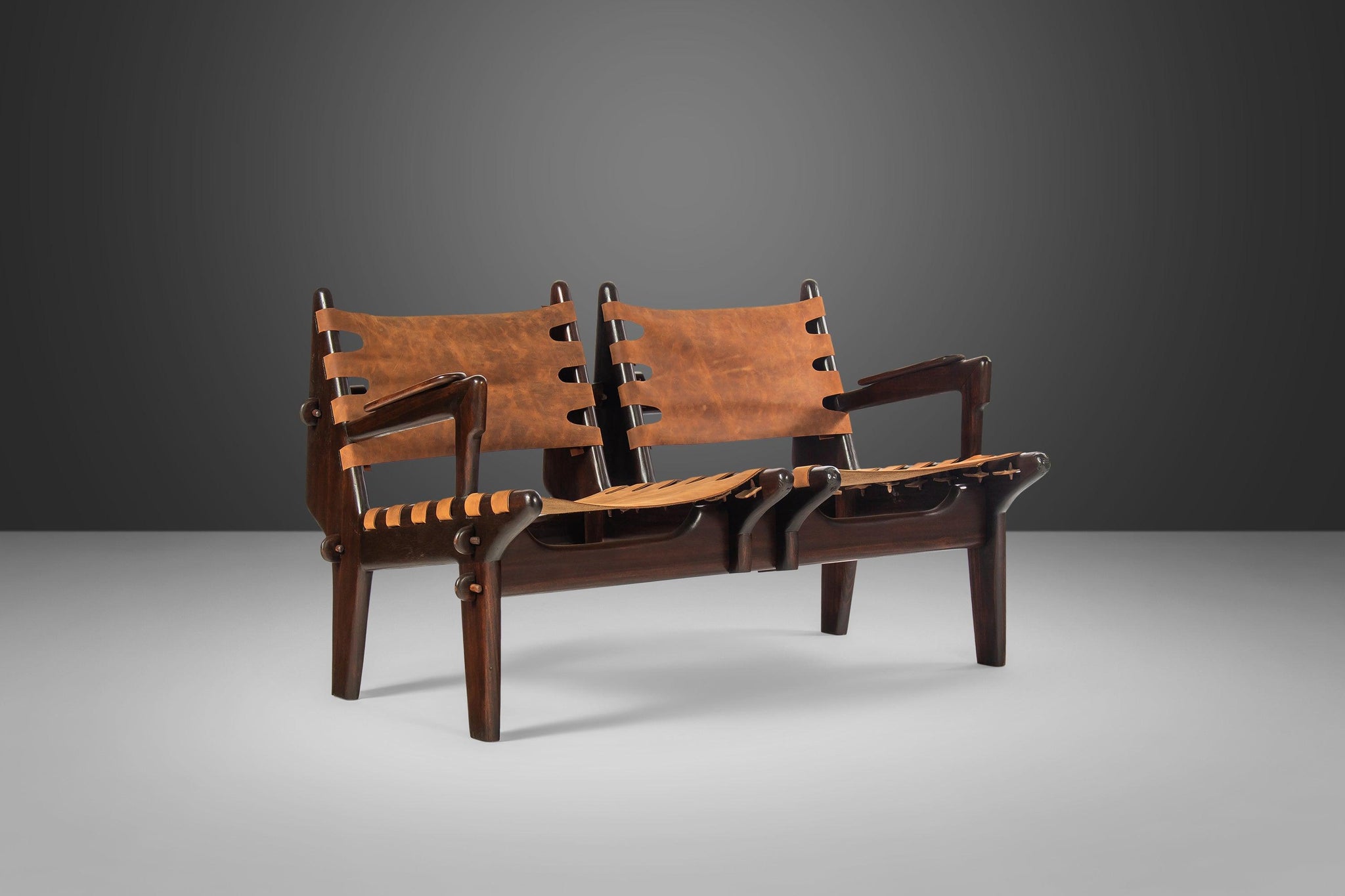 Rare Mid-Century Modern Loveseat in Solid Fruitwood & Leather by Angel