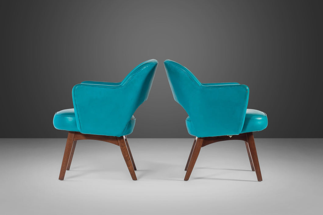 Rare Set of Two (2) Lounge Chairs by Patrician Furniture in Original Teal Vinyl w/ Walnut Legs, c. 1960s-ABT Modern