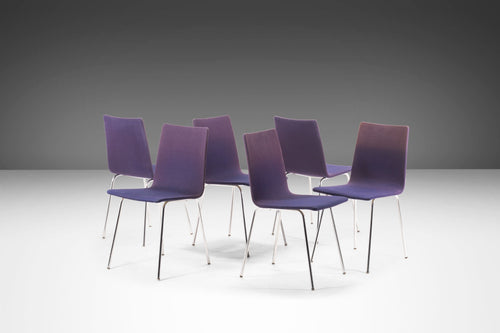 Set of 6 Minimal Chrome Dining Chairs Set on Petite Tubular Chrome Bases in Distressed Original Ombre Purple Fabric, West Germany, c. 1970's-ABT Modern