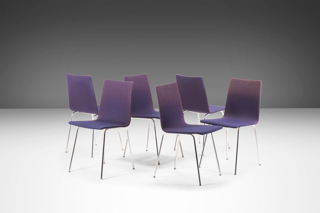 Set of 6 Minimal Chrome Dining Chairs Set on Petite Tubular Chrome Bases in Distressed Original Ombre Purple Fabric, West Germany, c. 1970's-ABT Modern