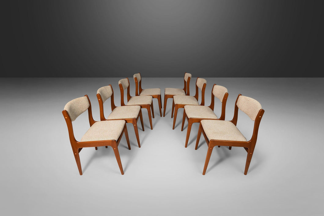 Set of Eight (8) Scandinavian Dining Chairs in Teak and Original Oatmeal Fabric, c. 1970s-ABT Modern