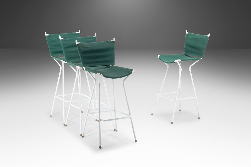 Set of Five (5) Mid Century Modern Bar Height Barstools in Forest Green Canvas on Wrought Iron Metal Frames, c. 1960s-ABT Modern