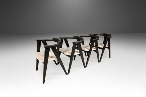 Set of Four (4) Ebonized Oak Compass Dining Chairs after Alan Gould for Knoll in New Boucle Upholstery, USA, c. 1960's-ABT Modern