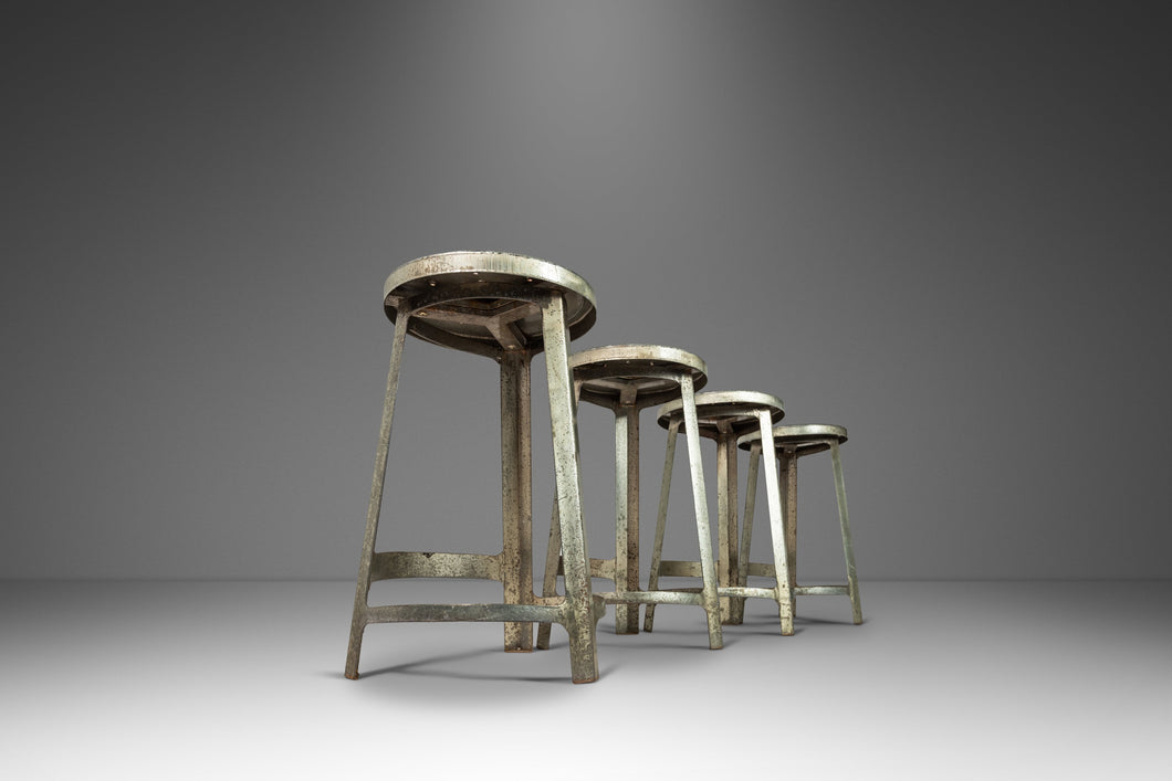 Set of Four (4) French Hammered Solid Aluminum Industrial Counter Height Bar Stools, France, c. 1950's-ABT Modern