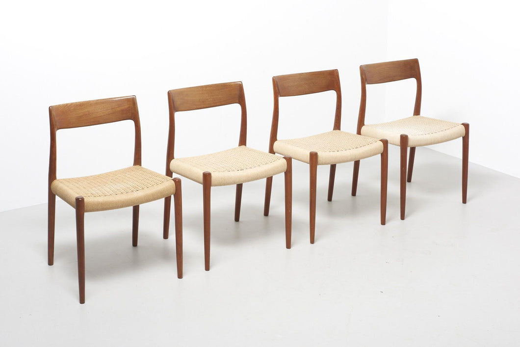 Set of Four (4) Model 77 Dining Chairs by Niels Moller for J.L. Mollers Mobelfabrik in Teakwood and Paper Cord, c. 1950-ABT Modern