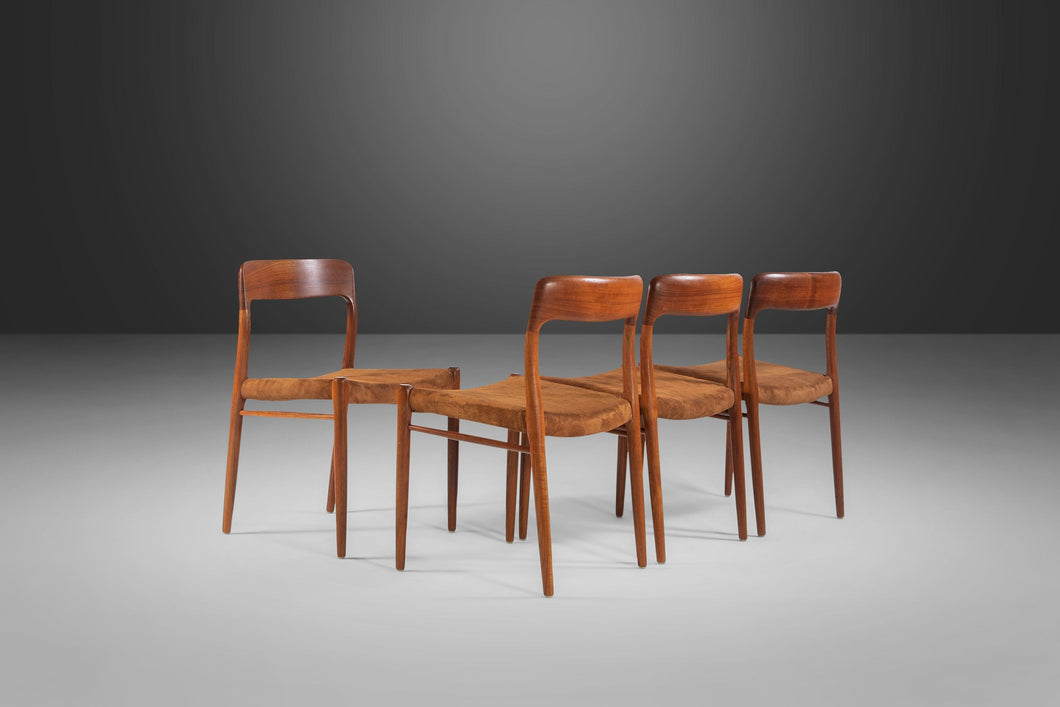 Set of Four (4) Moller Model #75 Dining Chairs in Teak and Suede by Niels Møller for J.L. Møllers, Denmark, c. 1960's-ABT Modern
