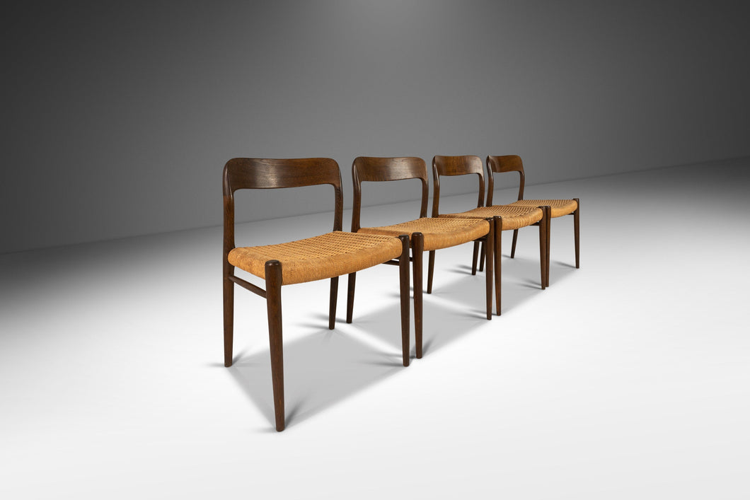 Set of Four ( 4 ) Niels Otto Moller Model 75 Dining Chairs for J.L. Mollers Mobelfabrik in Walnut Tinted Oak and Paper Cord, Denmark, 1960's-ABT Modern