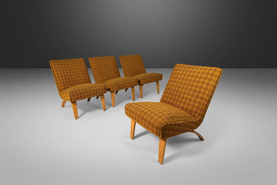Set of Four (4) Slipper Chairs in Original Yellow Plaid Wool Fabric by Thonet, c. 1940s-ABT Modern
