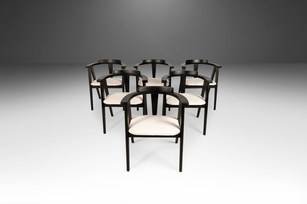 Set of Six (6) Ebonized Oak Compass Dining Chairs after Alan Gould for Knoll in New Boucle Upholstery, USA, c. 1960's-ABT Modern