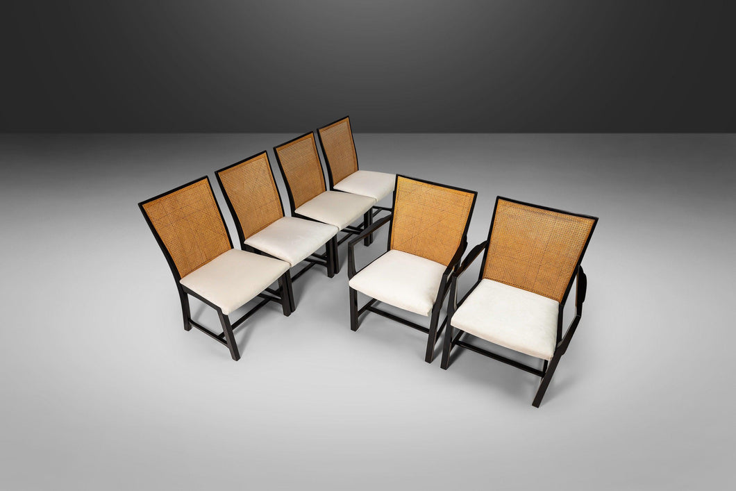 Set of Six (6) Ebony Lacquered Dining Chairs with Cane Backs by Michael Taylor for Baker Furniture, c. 1960s-ABT Modern