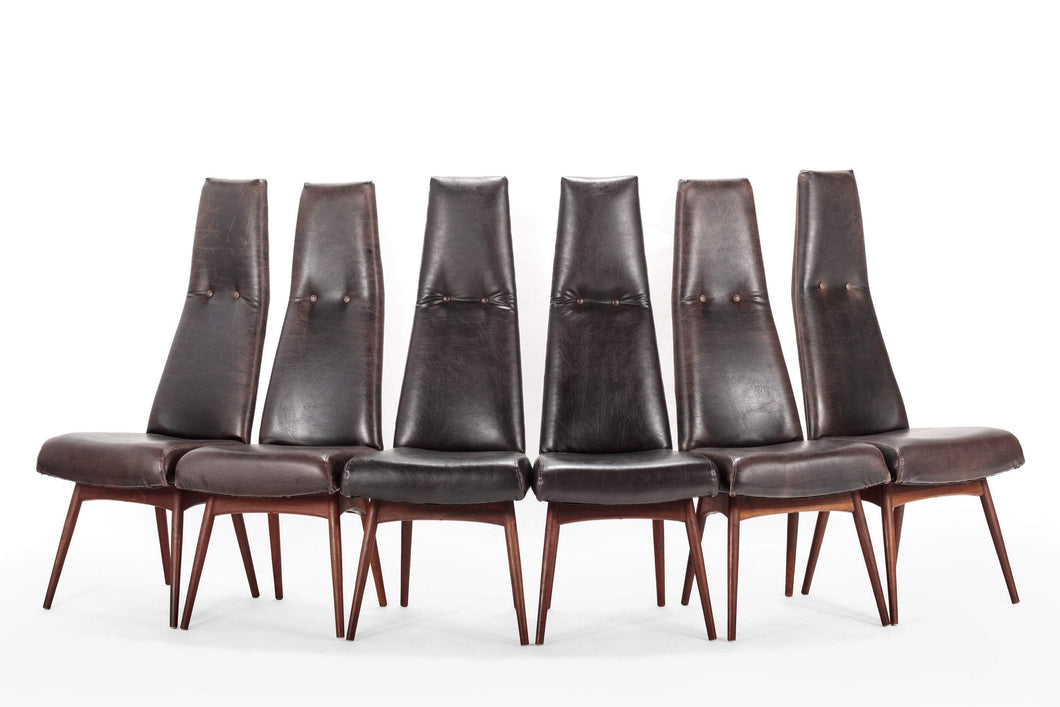 Set of Six (6) Highback Model 2051-C Dining Chairs by Adrian Pearsall in Faux Leather & Walnut-ABT Modern