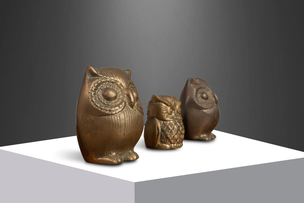 Set of Three (3) Mid Century Brass Owl Paperweights, Korea, c. 1970's-ABT Modern