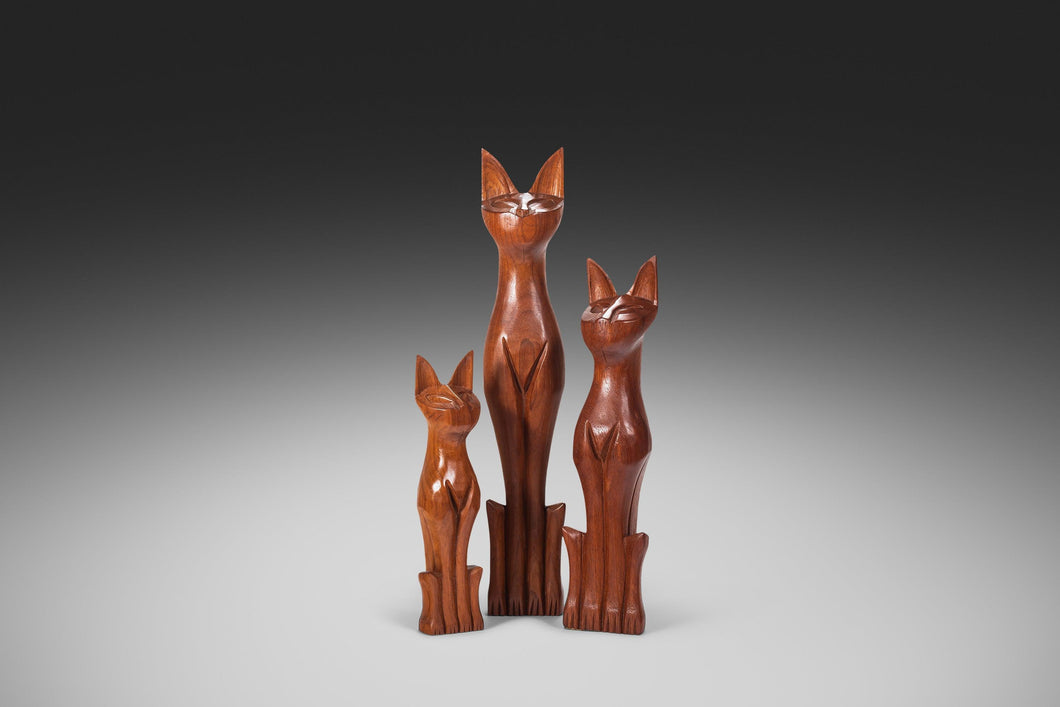 Set of Three Danish Modern Hand Carved Cat Sculptures in Teak, Denmark, c. 1960's-ABT Modern