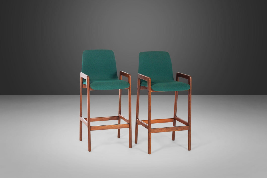 Set of Two (2) Bar Height Barstools by Tarm Stole in Solid Teak and Original Knit Fabric, 1970s-ABT Modern