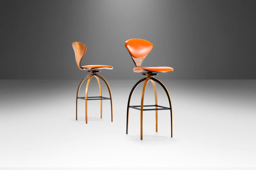 Set of Two (2) Bar Height Swiveling Bar Stools in Walnut & Original Fabric by Norman Cherner for Plycraft, USA, c. 1964-ABT Modern