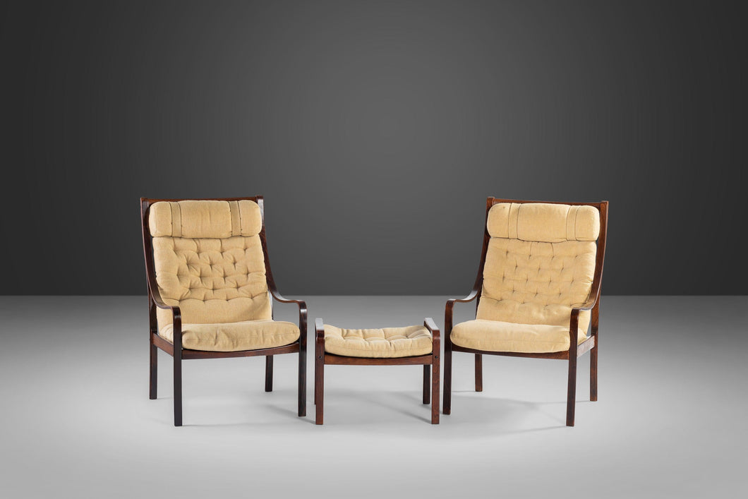 Set of Two (2) Bentwood Lounge Chairs w/ Ottoman in Rosewood & Original Fabric by Fredrik A. Kayser for Vatne Møbler, Denmark, c. 1960's-ABT Modern
