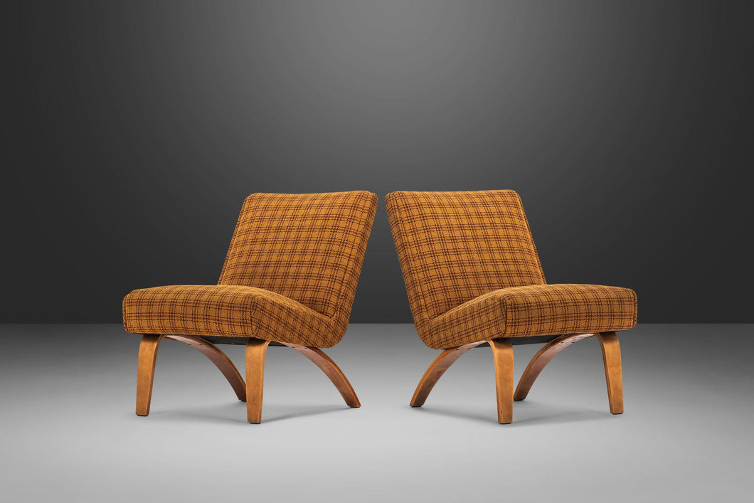 Set of Two (2) Bentwood Slipper Chairs in Original Yellow Plaid Wool Fabric by Thonet, USA, c. 1940s-ABT Modern