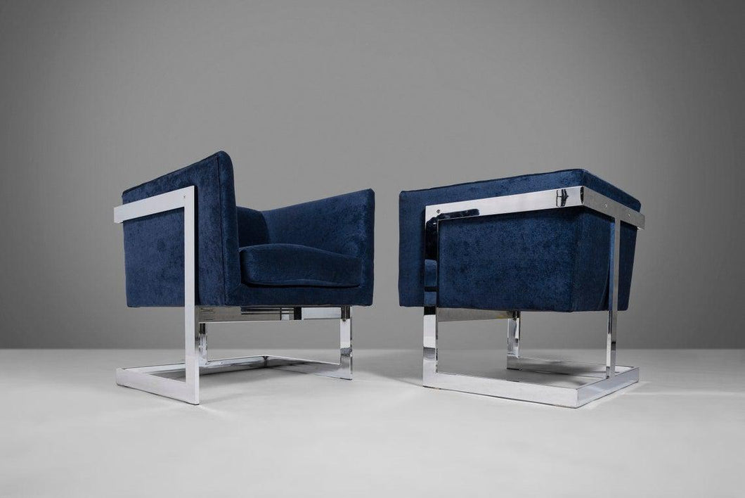 Set of Two (2) Club Chairs in Navy Blue Velvet w/ a Chrome Frame by Milo Baughman-ABT Modern