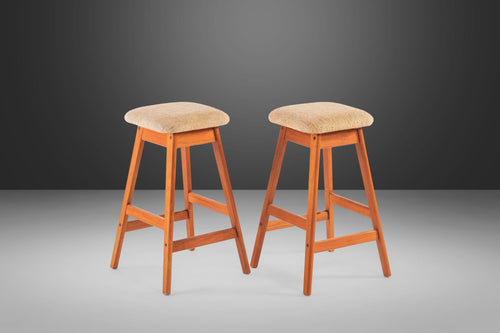 Set of Two (2) Counter Height Barstools by Vamdrup Stolefabrik in Teak w/ Original Beige Fabric, 1970s-ABT Modern