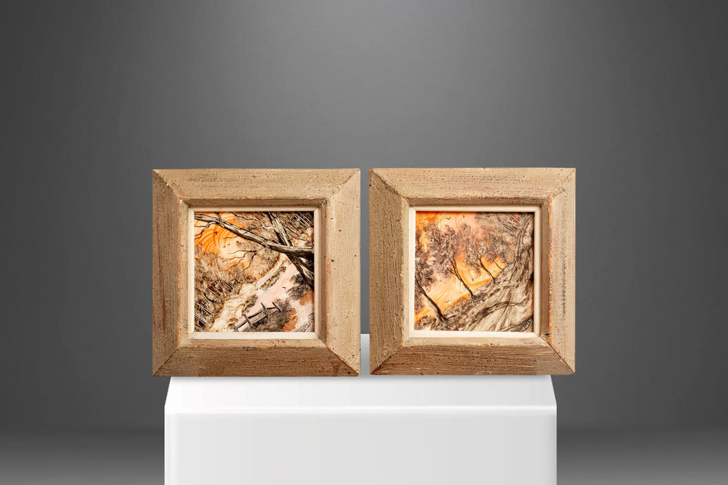 Set of Two (2) Early Signed Jack Lord Oil Paintings / Tiles / Wood Frames, USA, c. 1940's-ABT Modern