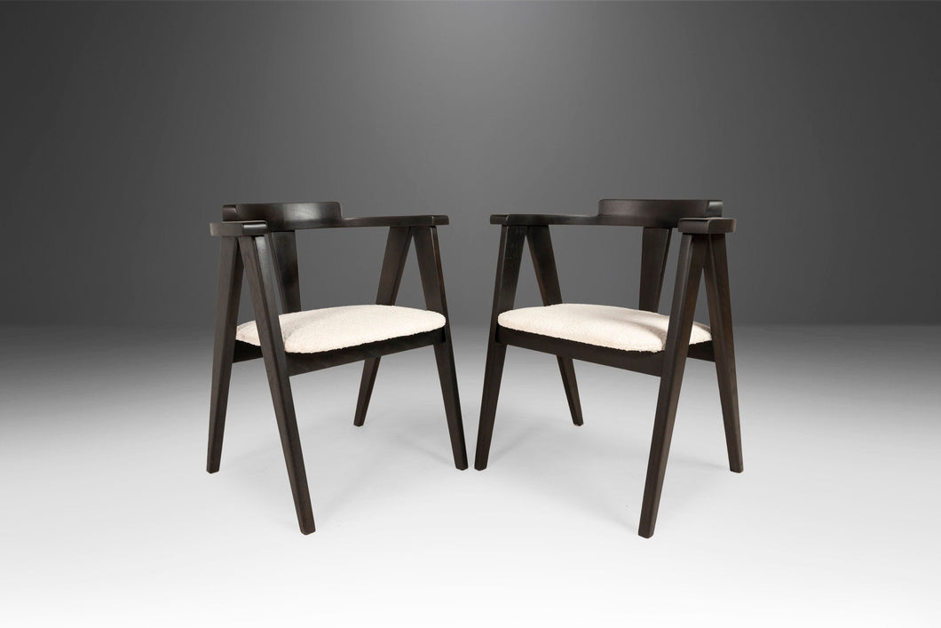 Set of Two (2) Ebonized Oak Compass Dining Chairs after Alan Gould for Knoll in New Boucle Upholstery, USA, c. 1960's-ABT Modern