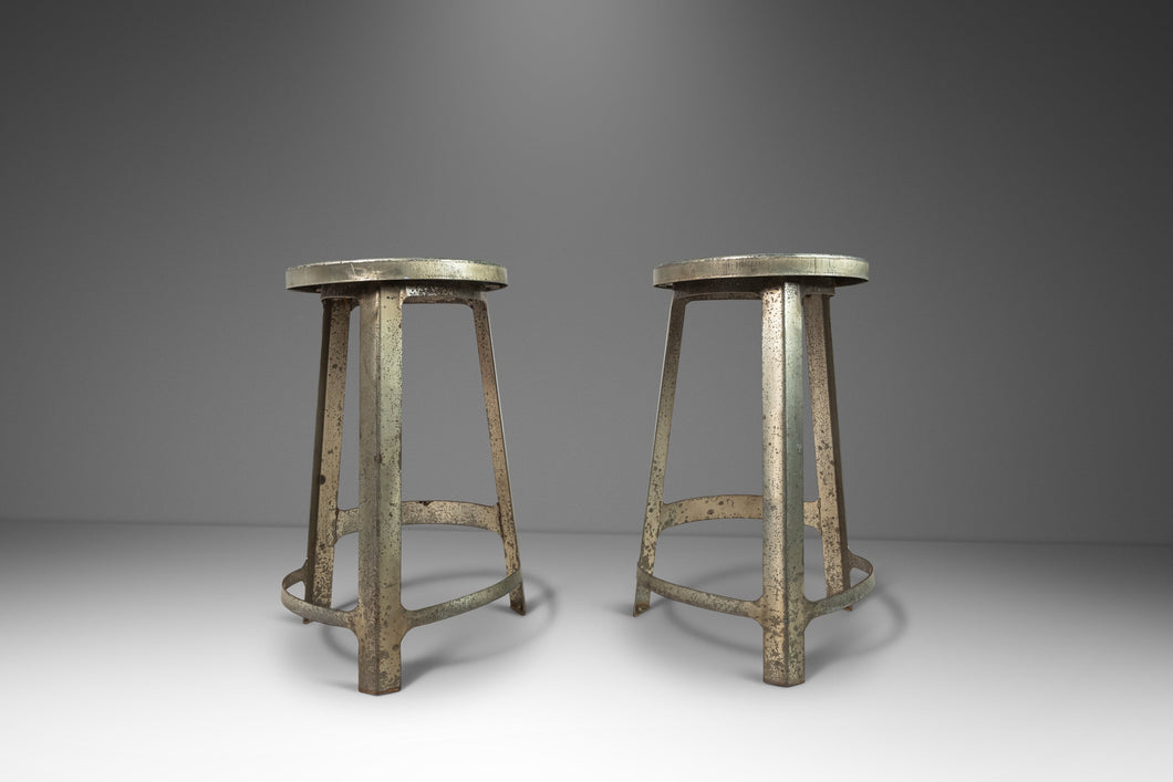 Set of Two (2) French Hammered Solid Aluminum Industrial Counter Height Bar Stools, France, c. 1970's-ABT Modern