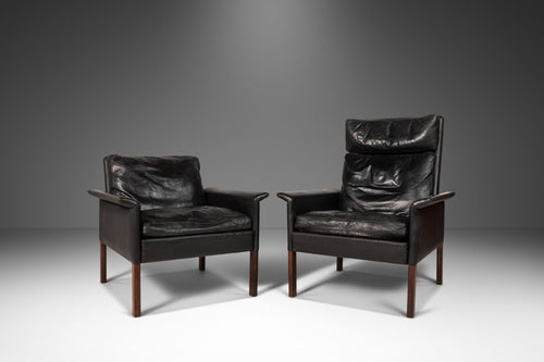 Set of Two (2) His and Her Model 500 Lounge Chairs in Rosewood and Distressed Vintage Leather by Hans Olsen for CS Møbler, Denmark, c. 1960s-ABT Modern