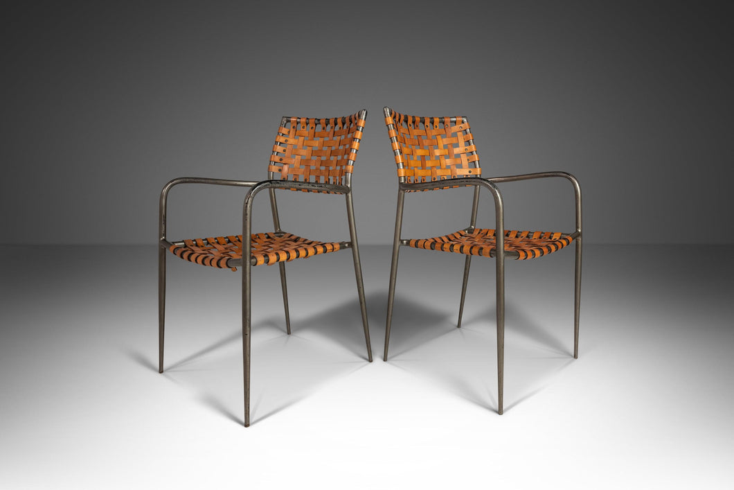 Set of Two (2) Italian Patinaed Metal and Leather Strap Armchairs, c. 1970s-ABT Modern