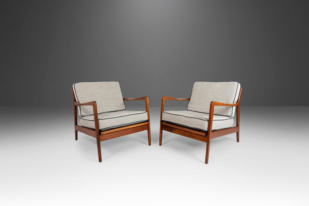 Set of Two (2) Lounge Chairs After Ib Kofod-Larsen on a Walnut Frame with New Tweed Upholstery, c. 1950s-ABT Modern