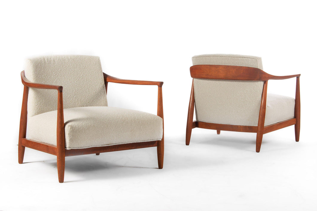 Set of Two ( 2 ) Low Profile Barrell Chairs by Erwin-Lambeth for Tomlinson in New Knoll Boucle Upholstery on a Sculptural Mahogany Frame-ABT Modern