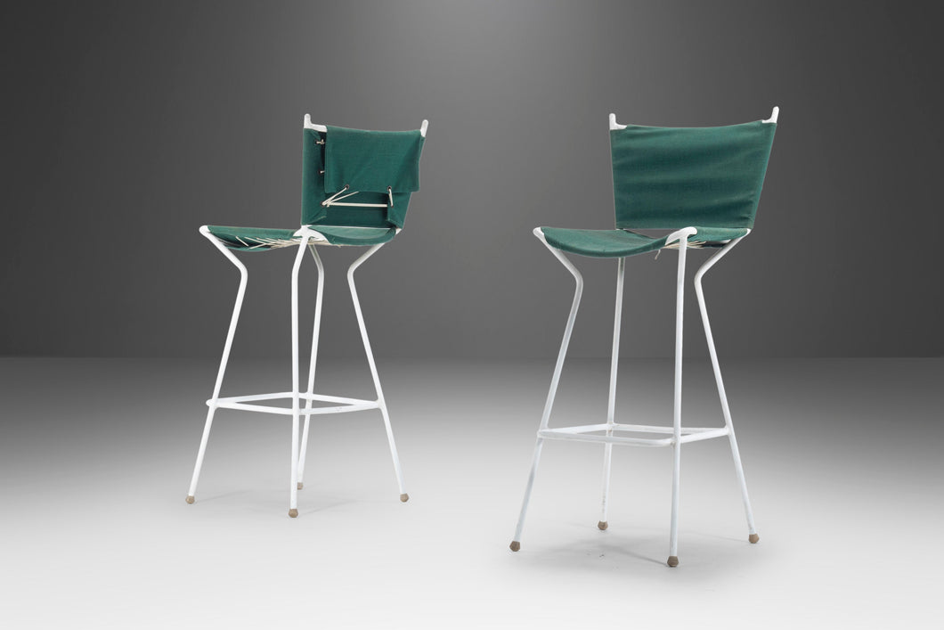 Set of Two (2) Mid Century Modern Bar Height Barstools in Forest Green Canvas on Wrought Iron Metal Frames, c. 1960's-ABT Modern