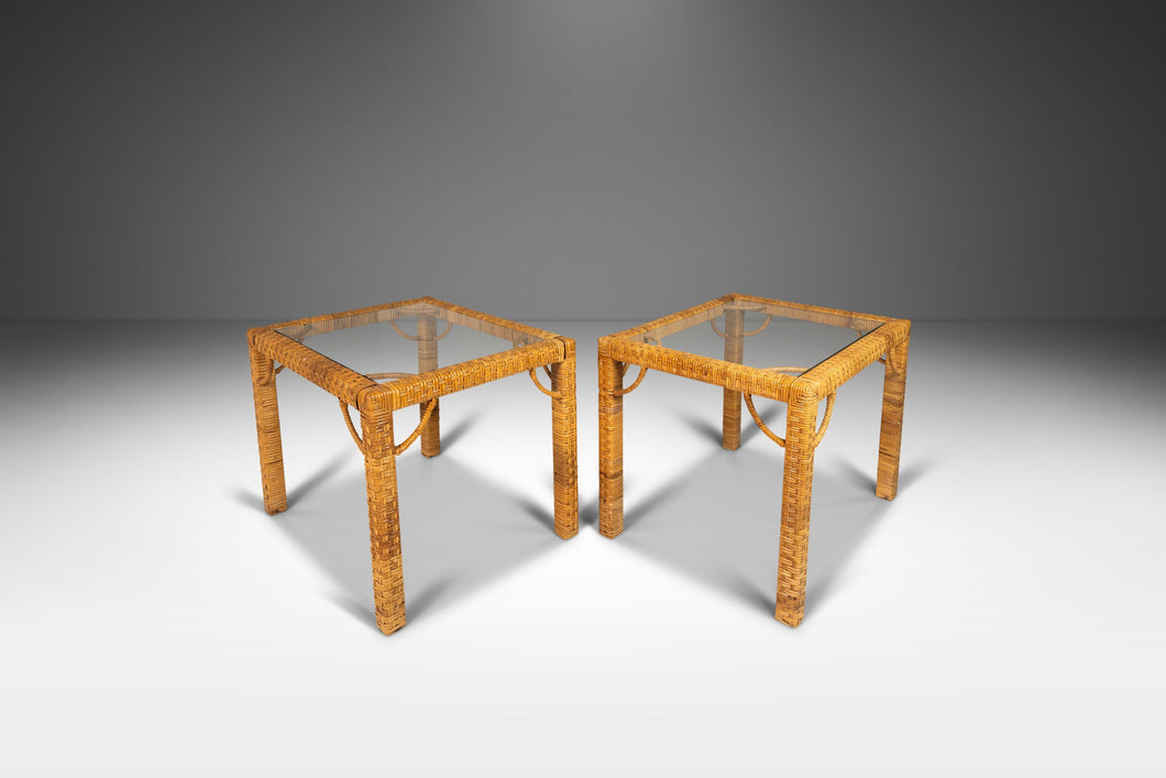 Set of Two (2) Mid Century Modern End Tables in Wicker w/ Glass Tops Attributed to Bieckley Brothers Rattan, USA, c. 1970s-ABT Modern