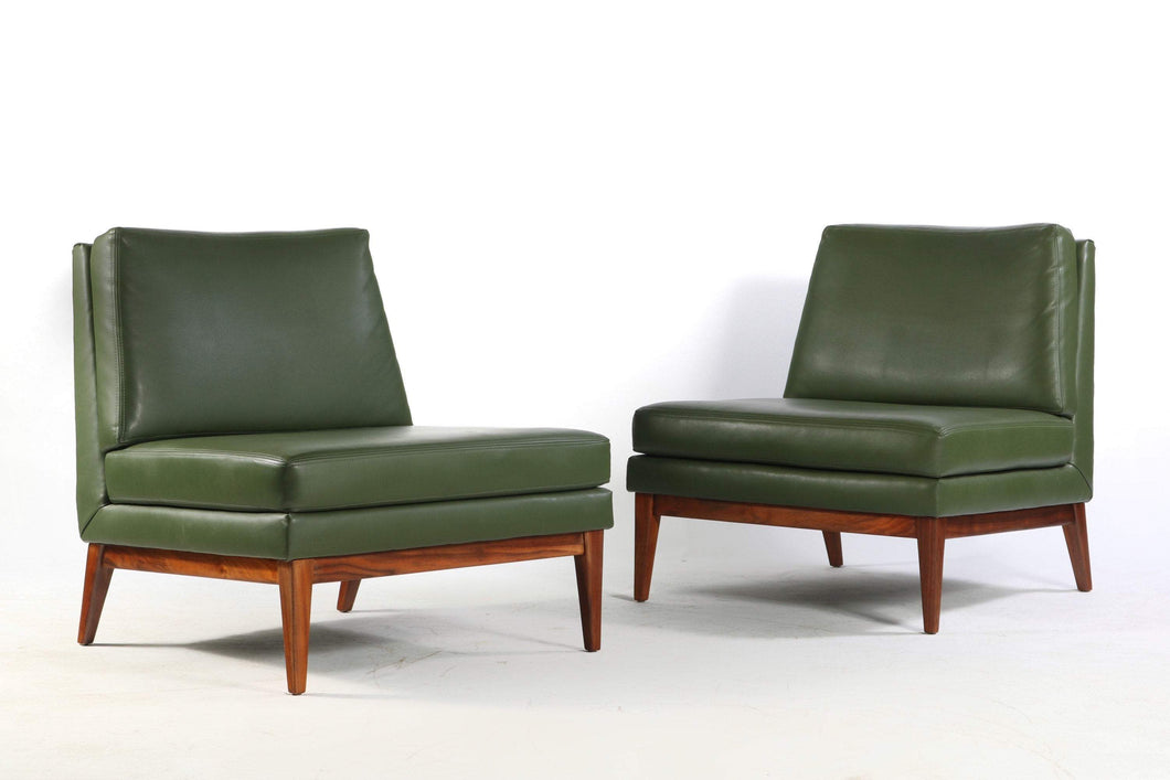Set of Two (2) Mid Century Modern Slipper Chairs in Green Vinyl and Walnut-ABT Modern