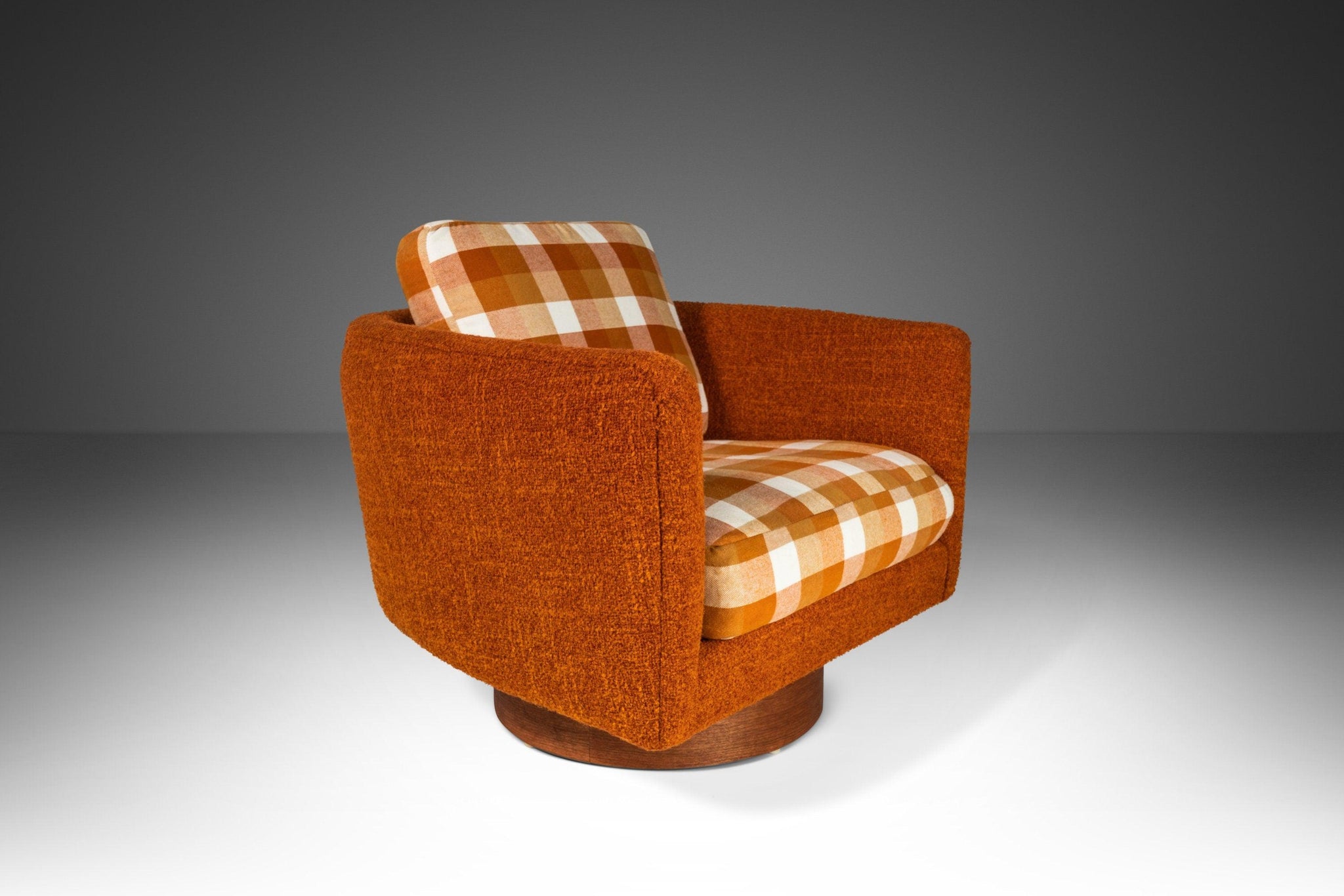 Load image into Gallery viewer, Set of Two (2) Mid Century Modern Swiveling Tub Barrell Chairs in Original Tweed Attributed to Milo Baughman, USA, c. 1970's-ABT Modern