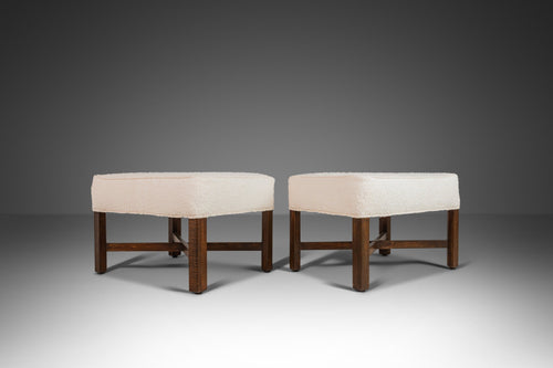 Set of Two ( 2 ) Mid Century Ottomans / Footstools in the Manner of Edward Wormley for Dunbar in Knoll Fabrics White Bouclé, USA, c. 1960s-ABT Modern