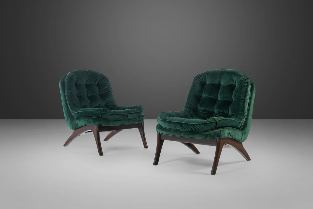 Set of Two (2) Scoop Lounge Chairs Attributed to Adrian Pearsall in Rich Tufted Green Velvet, c. 1960s-ABT Modern
