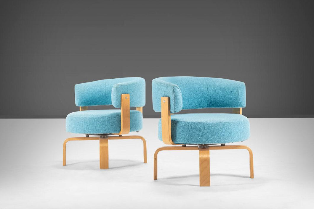 Set of Two (2) Swedish Modern Ikea Swivel Chairs in Birch and Original Turquoise Knit Fabric-ABT Modern