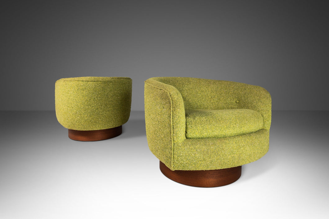 Set of Two ( 2 ) Swivel Barrel Chairs in Original Green Tweed Attributed to Milo Baughman, USA, c. 1970's-ABT Modern