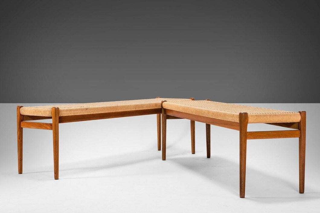 Set of Two (2) Teak Benches by Niels Moller for J.L. Mollers Mobelfabrik with Paper Cord Seats, c. 1960s-ABT Modern