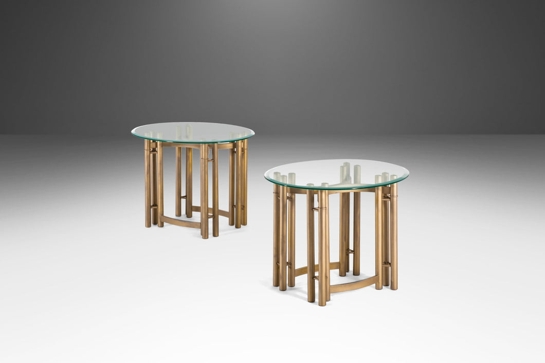 Set of Two (2) Tubular Hollywood Regency End Tables in Gold w/ Glass Tops, USA, c. 1980's-ABT Modern