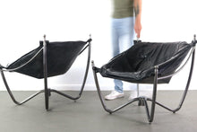 Load image into Gallery viewer, Set of Two (2) Vintage Black Leather Sling Lounge Chairs by Odd Knutsen with Metal Bases-ABT Modern
