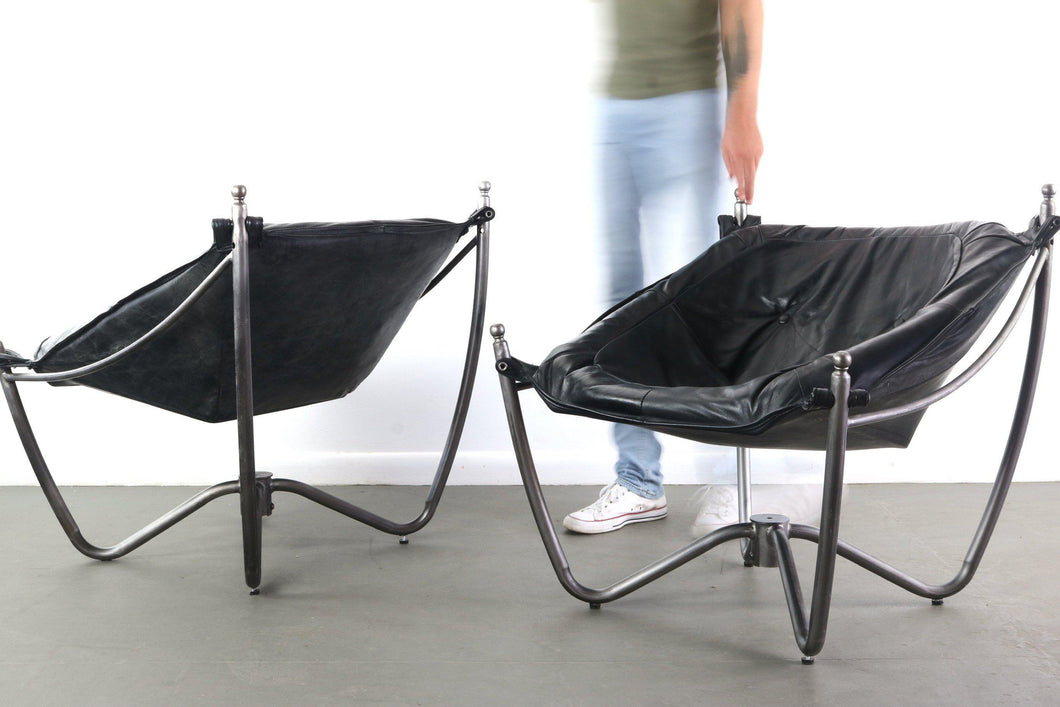 Set of Two (2) Vintage Black Leather Sling Lounge Chairs by Odd Knutsen with Metal Bases-ABT Modern