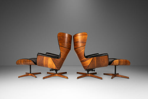 Set of Two Rare George Mulhauser for Plycraft Mr. Chair Wingback Lounge Chairs with Matching Ottomans, USA, c. 1960s-ABT Modern