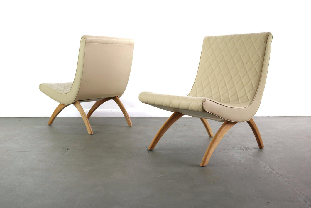 Set of Two Scoop Chairs in Cream Quilted Vinyl Attributed to Milo Baughman-ABT Modern