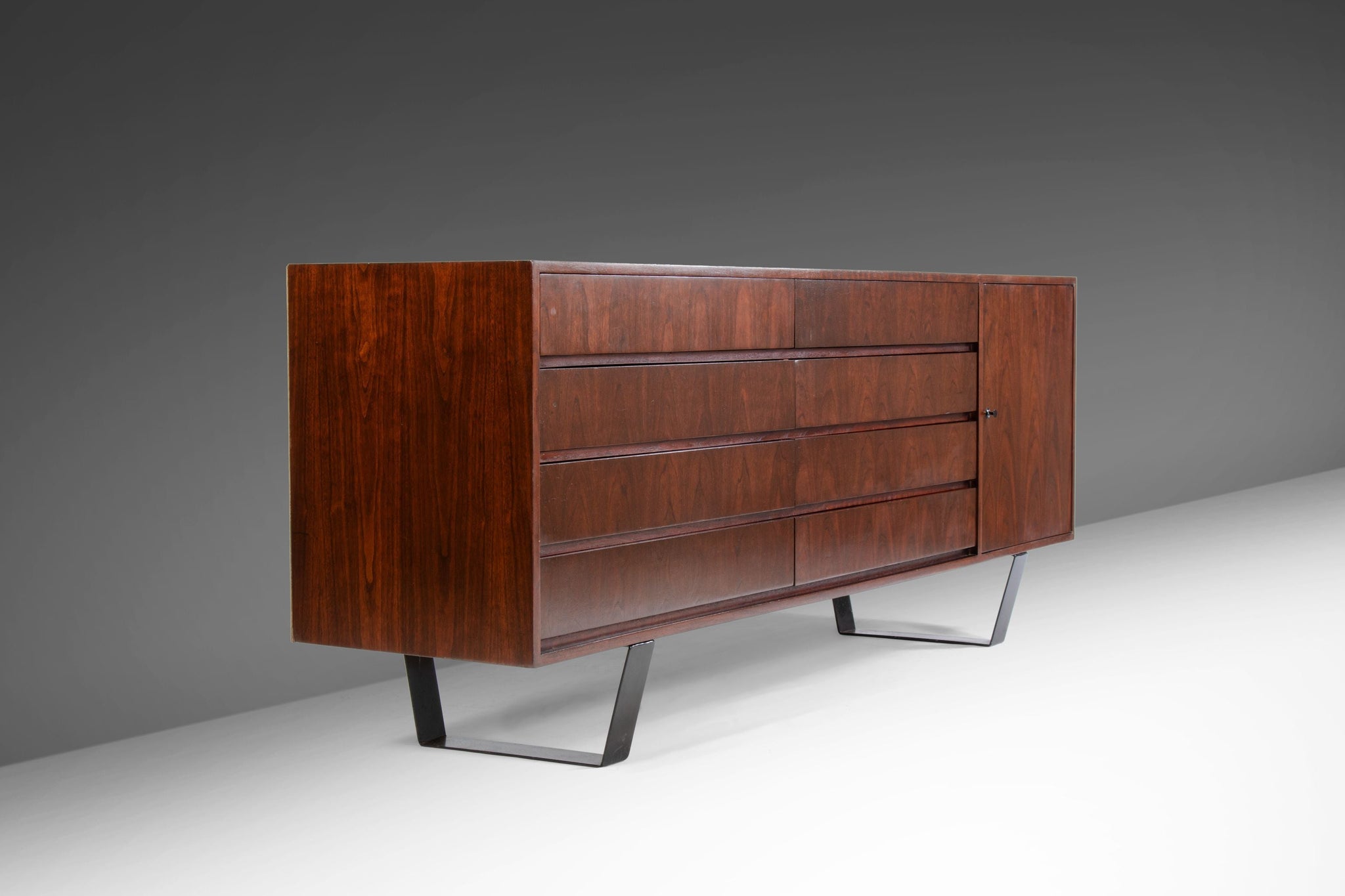 long credenza dresser Walnut Credenza with Long Legs & Inset Top - Mid Century Modern Credenzas For Sale