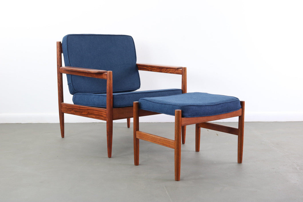 Teak Lounge Chair with Matching Ottoman attributed to Arne Vodder in Blue-ABT Modern