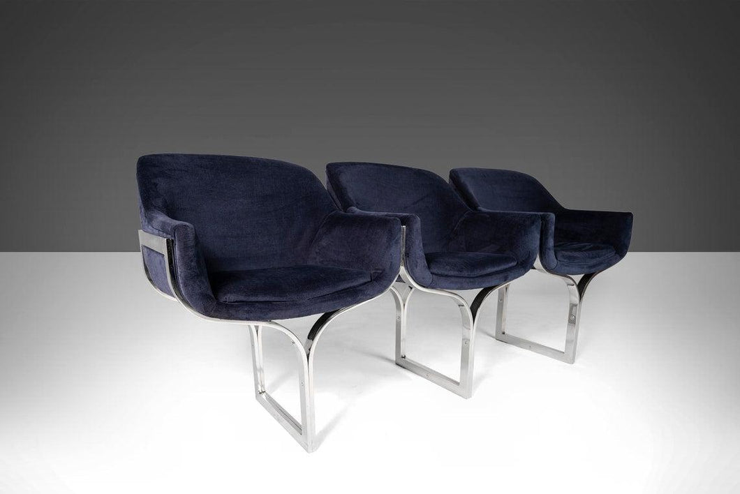 Three (3) Seat Bench / Sofa in Navy Blue Velvet Set on a Chrome Base Attributed to Milo Baughman, c. 1970s-ABT Modern
