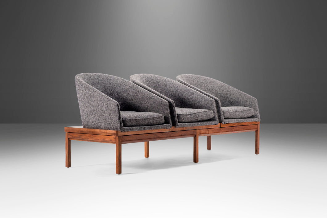 Three (3) Seat Modular Bench in Walnut & New Charcoal Tweed Upholstery Attributed to Arthur Umanoff, USA, c. 1960's-ABT Modern
