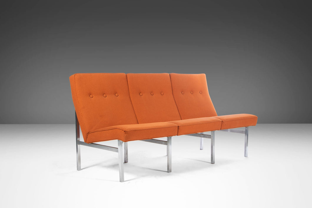 Three Seat Sofa / Bench in Original Orange Upholstery on a Chrome Base After Florence Knoll, c. 1960s-ABT Modern