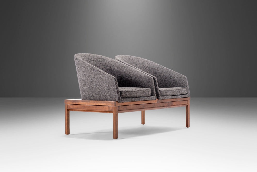 Two (2) Seat Modular Bench Loveseat in Walnut & New Charcoal Tweed Attributed to Arthur Umanoff, USA, c. 1960's-ABT Modern